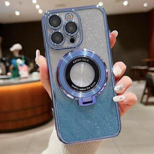 For iPhone 16 Electroplated Holder Gradient Glitter MagSafe Phone Case(Blue)