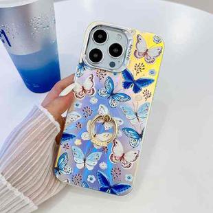 For iPhone 13 Pro Electroplating Laser Butterfly Ring Holder Phone Case(Blue Butterflies AB4)