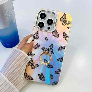 For iPhone 13 Pro Electroplating Laser Butterfly Ring Holder Phone Case(Black Butterflies AB5)