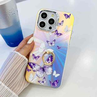 For iPhone 13 Pro Max Electroplating Laser Butterfly Ring Holder Phone Case(White Purple Butterflies AB6)