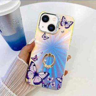 For iPhone 13 Electroplating Laser Butterfly Ring Holder Phone Case(Purple Butterflies AB3)