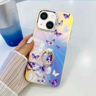 For iPhone 14 Electroplating Laser Butterfly Ring Holder Phone Case(White Purple Butterflies AB6)