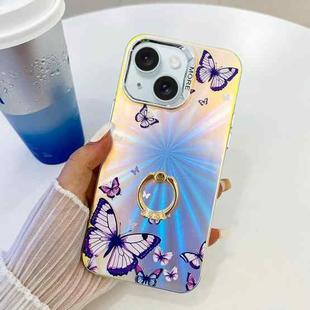 For iPhone 15 Electroplating Laser Butterfly Ring Holder Phone Case(Purple Butterflies AB3)