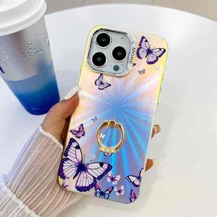 For iPhone 16 Pro Max Electroplating Laser Butterfly Ring Holder Phone Case(Purple Butterflies AB3)