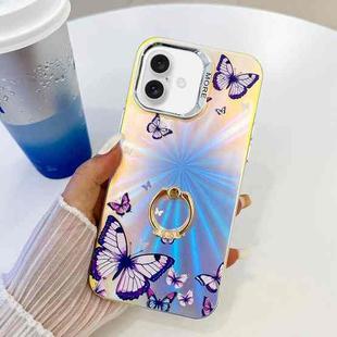 For iPhone 16 Plus Electroplating Laser Butterfly Ring Holder Phone Case(Purple Butterflies AB3)