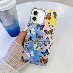 For iPhone 16 Plus Electroplating Laser Butterfly Ring Holder Phone Case(Color Butterflies AB1)