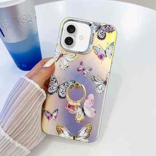 For iPhone 16 Electroplating Laser Butterfly Ring Holder Phone Case(Pink Butterflies AB2)