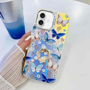 For iPhone 16 Electroplating Laser Butterfly Ring Holder Phone Case(Blue Butterflies AB4)