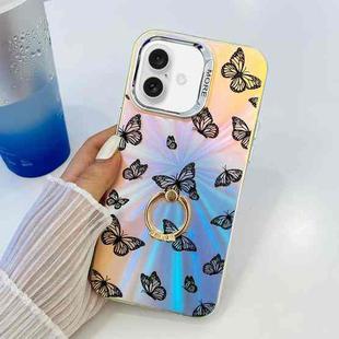 For iPhone 16 Electroplating Laser Butterfly Ring Holder Phone Case(Black Butterflies AB5)