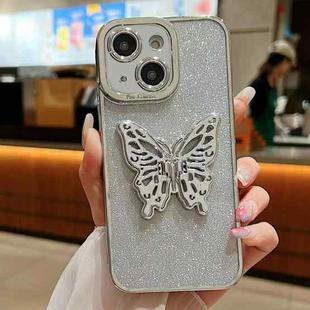 For iPhone 15 Plus Electroplated Glitter 3D Butterfly TPU Phone Case(Silver)