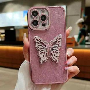 For iPhone 13 Pro Electroplated Glitter 3D Butterfly TPU Phone Case(Pink)