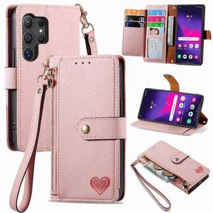 For Samsung Galaxy S25 Ultra 5G Love Zipper Lanyard Leather Phone Case(Pink)