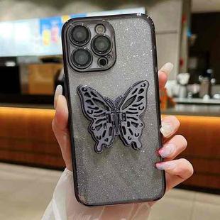 For iPhone 15 Pro Max Electroplated Gradient Glitter 3D Butterfly TPU Phone Case(Gradient Black)