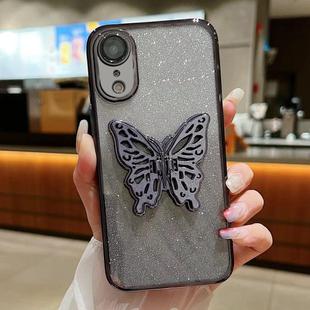 For iPhone XR Electroplated Gradient Glitter 3D Butterfly TPU Phone Case(Gradient Black)