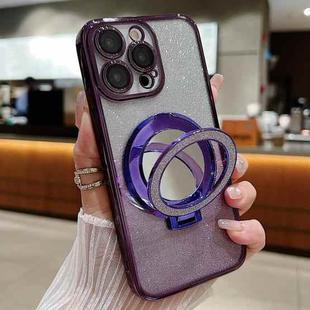 For iPhone 15 Pro Plated Mirror Holder Gradient Glitter MagSafe Phone Case(Purple)