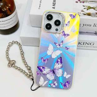 For iPhone 15 Pro Max Electroplating Laser Butterfly Phone Case with Wrist Strap(White Purple Butterflies AB6)