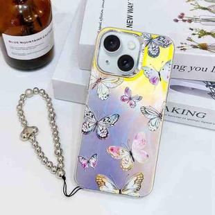 For iPhone 15 Electroplating Laser Butterfly Phone Case with Wrist Strap(Pink Butterflies AB2)