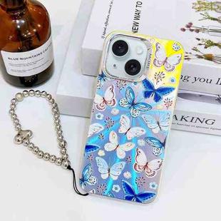 For iPhone 15 Electroplating Laser Butterfly Phone Case with Wrist Strap(Blue Butterflies AB4)