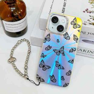 For iPhone 15 Electroplating Laser Butterfly Phone Case with Wrist Strap(Black Butterflies AB5)