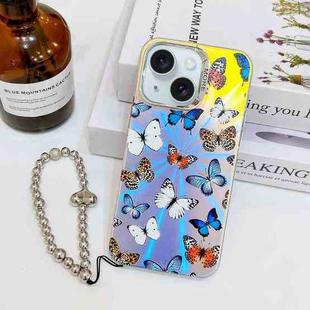 For iPhone 15 Electroplating Laser Butterfly Phone Case with Wrist Strap(Color Butterflies AB1)