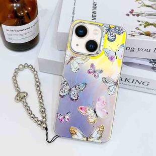 For iPhone 14 Electroplating Laser Butterfly Phone Case with Wrist Strap(Pink Butterflies AB2)