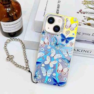 For iPhone 14 Electroplating Laser Butterfly Phone Case with Wrist Strap(Blue Butterflies AB4)