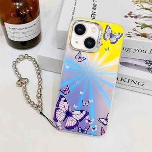 For iPhone 14 Electroplating Laser Butterfly Phone Case with Wrist Strap(Purple Butterflies AB3)