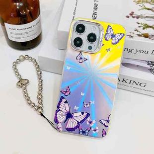 For iPhone 14 Pro Max Electroplating Laser Butterfly Phone Case with Wrist Strap(Purple Butterflies AB3)