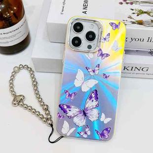 For iPhone 13 Pro Max Electroplating Laser Butterfly Phone Case with Wrist Strap(White Purple Butterflies AB6)
