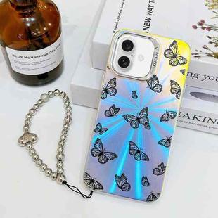 For iPhone 16 Plus Electroplating Laser Butterfly Phone Case with Wrist Strap(Black Butterflies AB5)