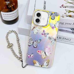 For iPhone 16 Electroplating Laser Butterfly Phone Case with Wrist Strap(Pink Butterflies AB2)