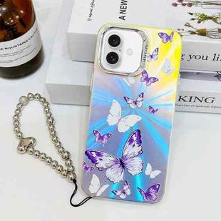 For iPhone 16 Electroplating Laser Butterfly Phone Case with Wrist Strap(White Purple Butterflies AB6)