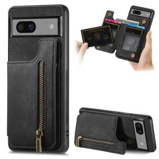 For Google Pixel 7a Retro Leather Zipper Wallet Back Phone Case(Black)