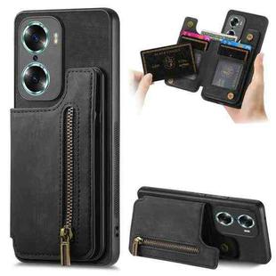 For Honor 60 Retro Leather Zipper Wallet Back Phone Case(Black)