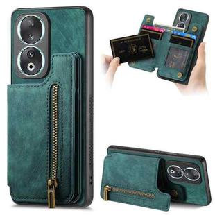 For Honor 90 Retro Leather Zipper Wallet Back Phone Case(Green)