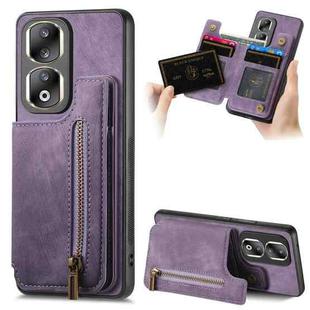 For Honor 90 Pro Retro Leather Zipper Wallet Back Phone Case(Purple)