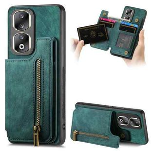 For Honor 90 Pro Retro Leather Zipper Wallet Back Phone Case(Green)