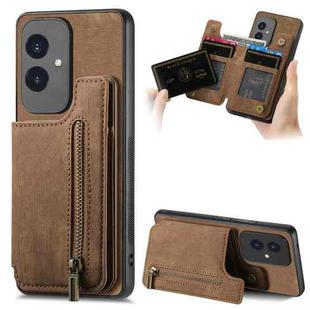 For Honor 100 Retro Leather Zipper Wallet Back Phone Case(Brown)