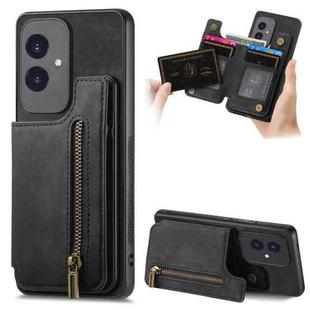 For Honor 100 Retro Leather Zipper Wallet Back Phone Case(Black)