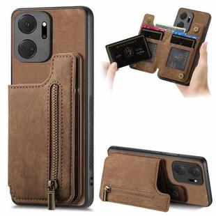 For Honor X7a Retro Leather Zipper Wallet Back Phone Case(Brown)