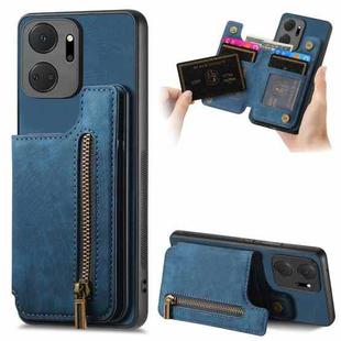 For Honor X7a Retro Leather Zipper Wallet Back Phone Case(Blue)
