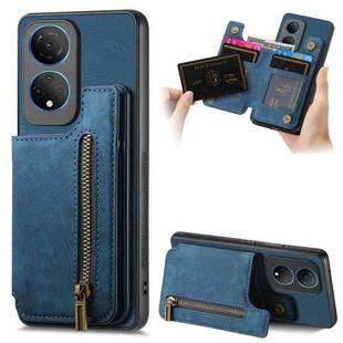 For Honor X7 Retro Leather Zipper Wallet Back Phone Case(Blue)