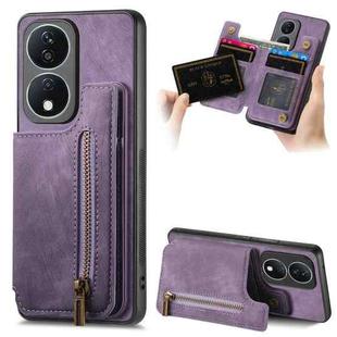 For Honor X7b Retro Leather Zipper Wallet Back Phone Case(Purple)