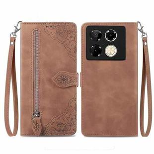 For Infinix Note 40 Pro 4G Embossed Flower Zipper Leather Phone Case(Brown)