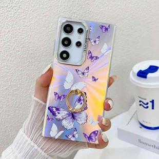 For Samsung Galaxy S22 Ultra 5G Electroplating Laser Butterfly Ring Holder Phone Case(White Purple Butterflies AB6)