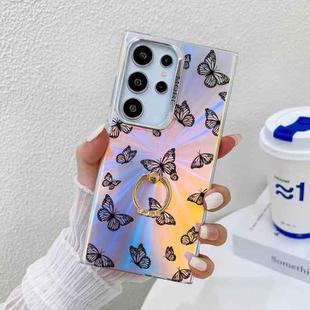 For Samsung Galaxy S22 Ultra 5G Electroplating Laser Butterfly Ring Holder Phone Case(Black Butterflies AB5)