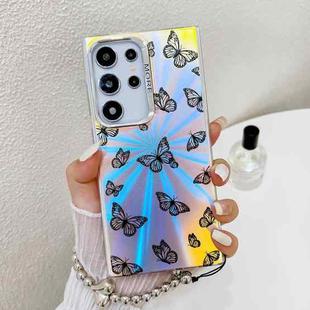 For Samsung Galaxy S22 Ultra 5G Electroplating Laser Butterfly Phone Case with Wrist Strap(Black Butterflies AB5)