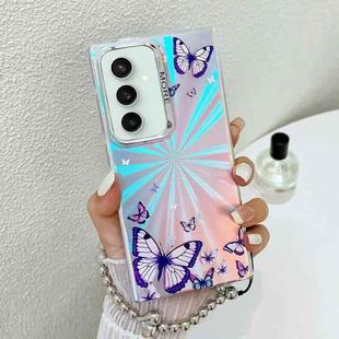 For Samsung Galaxy S23 FE 5G Electroplating Laser Butterfly Phone Case with Wrist Strap(Purple Butterflies AB3)