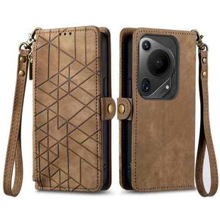 For Huawei Pura 70 Ultra Geometric Zipper Wallet Side Buckle Leather Phone Case(Brown)