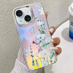 For iPhone 15 Electroplating Laser Flower Texture TPU Phone Case(Blue Flower AH8)
